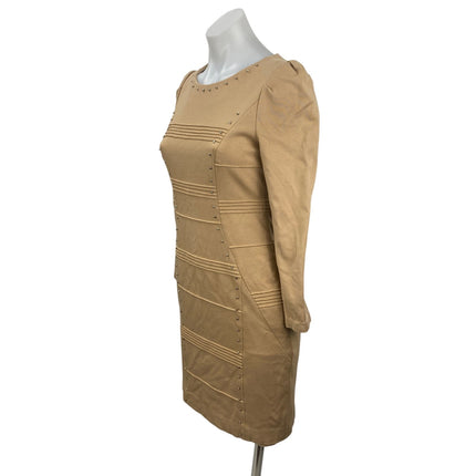 Lynn Beige Studded Seam Puff Shoulder Long Sleeve Mini Bodycon Sheath Dress Sz S
