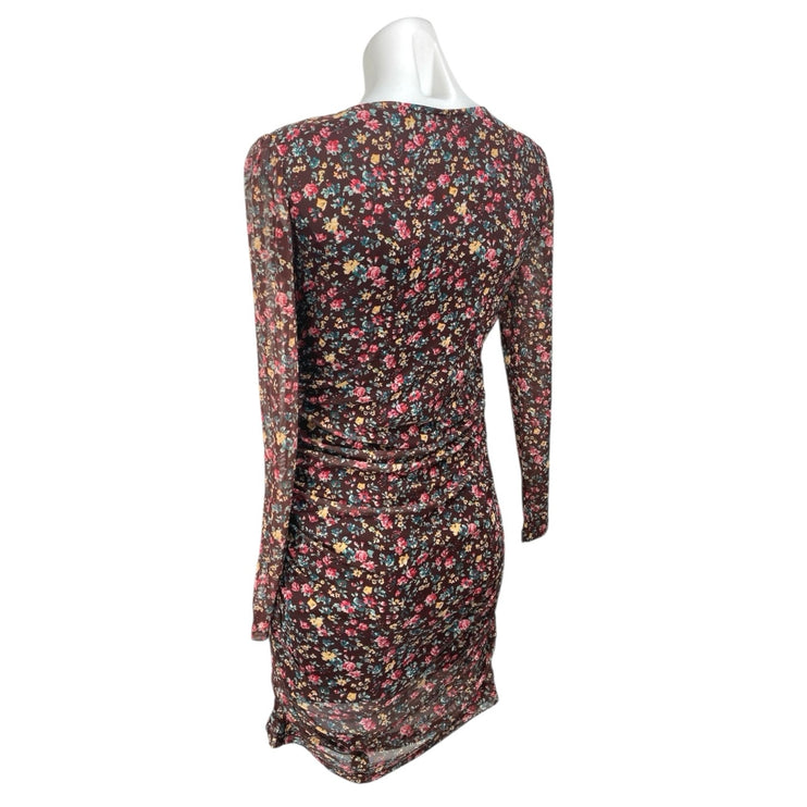 Commense Multicolor Floral Shirred Long Sleeve Ruched Mini Bodycon Dress Size S