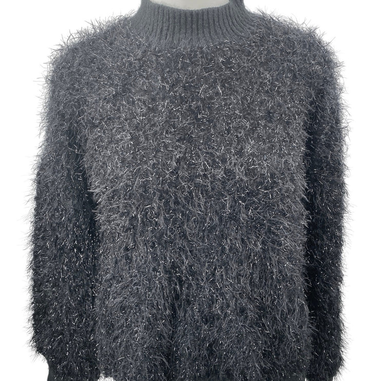 Rich Access Black Metallic Fuzzy Faux Fur Mock Neck Long Sleeve Sweater Top Sz M