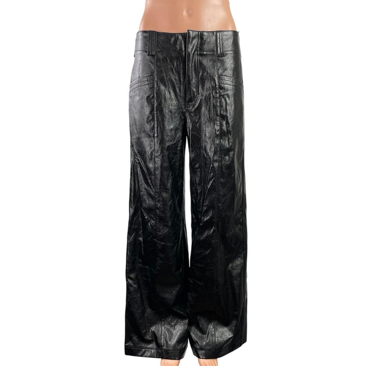 Free People Star Crossed Lovers Black Faux Leather Wide Leg Trousers Pants Sz 4