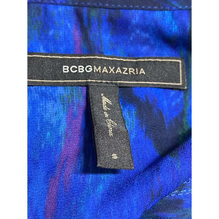 BCBGMAXAZRIA Purple Long Sleeve Abstract Tie Neck Boho Ruffle Mini Dress Size S