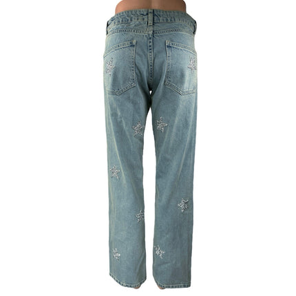 Nasty Gal Women's Blue Embellished Star Print Straight High Rise Denim Jeans 4