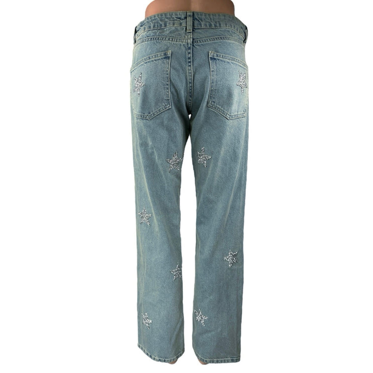 Nasty Gal Women's Blue Embellished Star Print Straight High Rise Denim Jeans 4