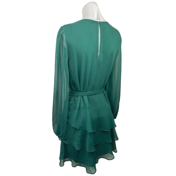 Express Women's Green Ruffle Crew Neck Long Sleeve Tie Waist A-Line Mini Dress S