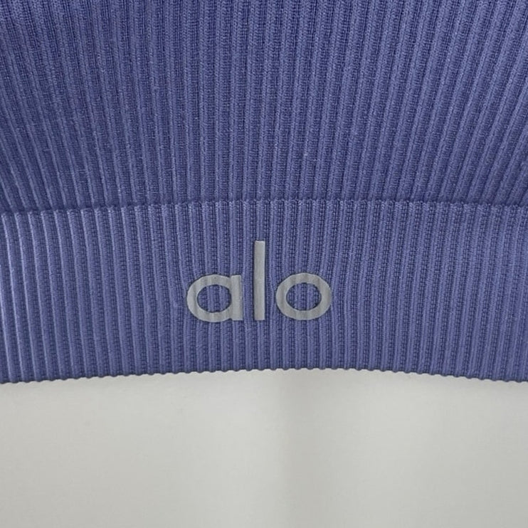 Alo Yoga Blue Ribbed Knit Cross Back Workout Athletic Sports Bra Crop Top Size S