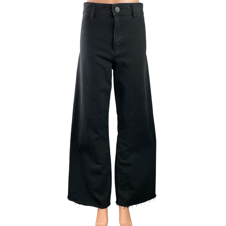 Zara Womens Black High Waisted Frayed Hem Wide Leg Ankle Denim Jeans Pants Sz 6