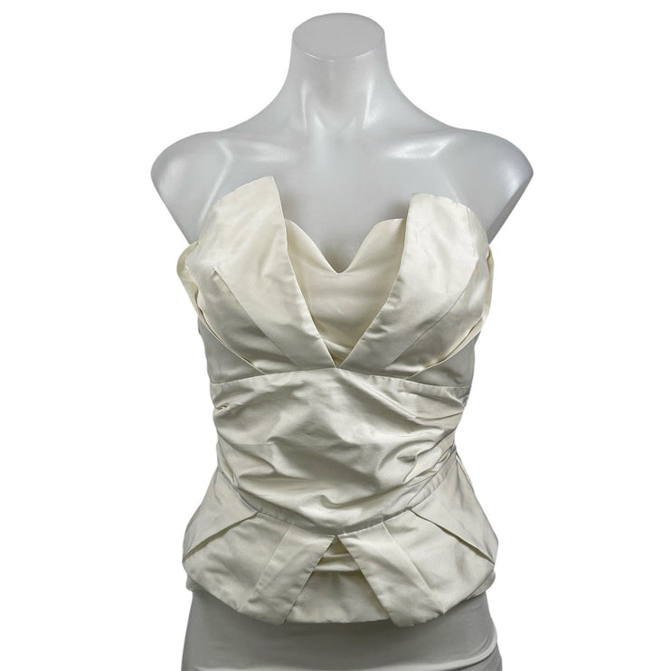 Amaya Arzuaga White Satin Silk Strapless Tube Sweetheart Peplum Blouse Top 10