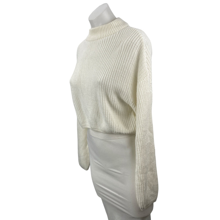 H&M Women's White Ribbed Knit Mock Neck Long Sleeve Cropped Sweater Top Size S