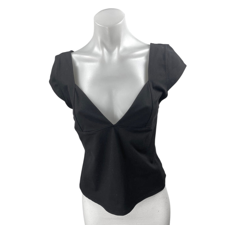 Free People Duo Corset Black Plunge V-neck Short Cap Sleeve Slim Crop Top Size L