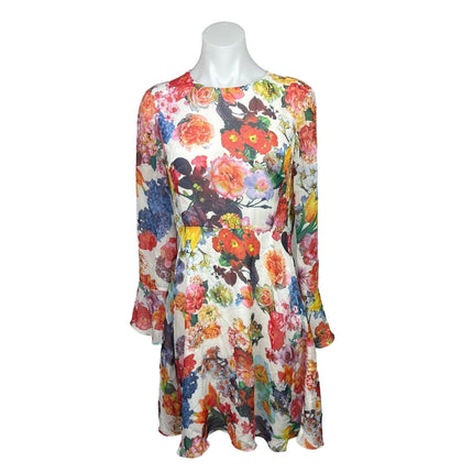 Betsey Johnson Multicolor Floral Print Chiffon Bell Sleeve Sheath Dress Size 4