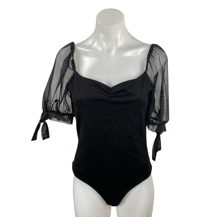 Lulus Women's Black Sheer Mesh Short Puff Sleeve Sweatheart Neck Bodysuit Top L