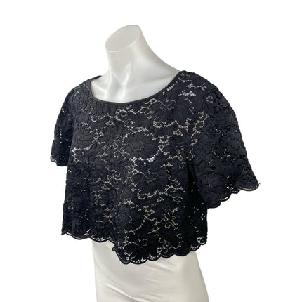 Club Monaco Black Floral Lace Sheer Crew Neck Short Sleeve Crop Blouse Top Sz M