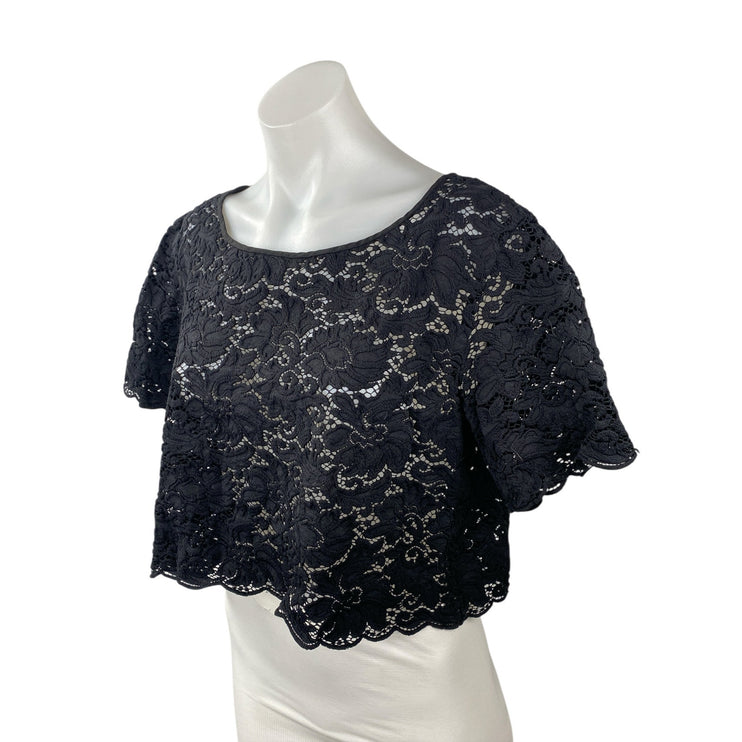 Club Monaco Black Floral Lace Sheer Crew Neck Short Sleeve Crop Blouse Top Sz M