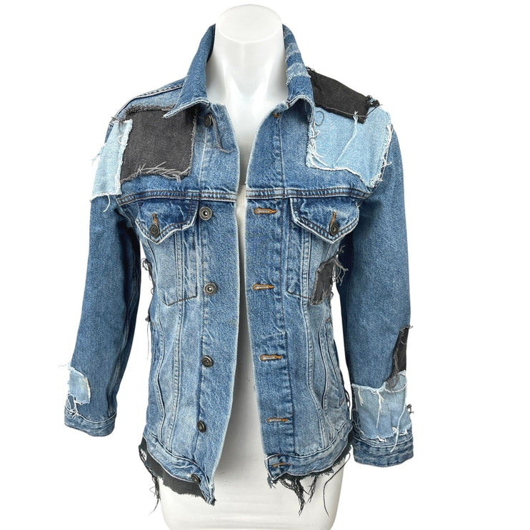 The Ragged Priest Women's Blue Patchwork Oversized Denim Jean Jacket Size S