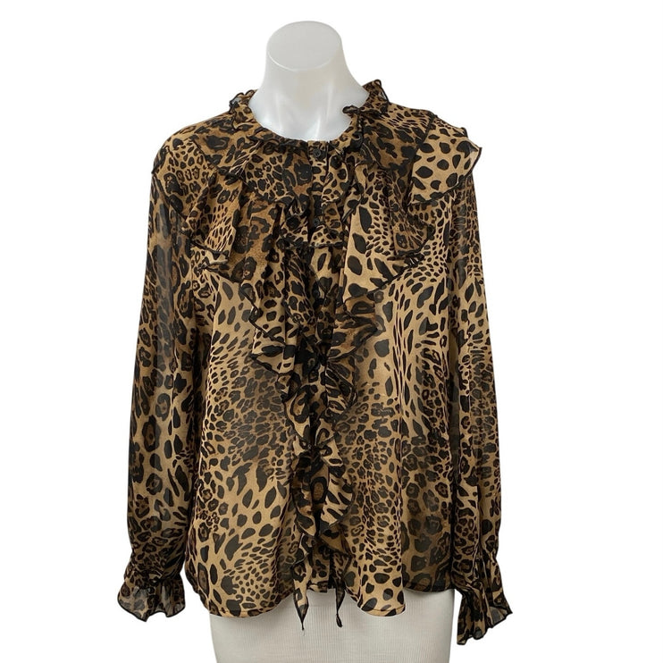Commense Brown Ruffle Leopard Print Long Sleeve Button Down Peasant Blouse Top M