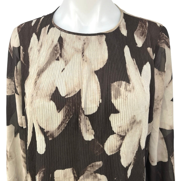 Reiss Shay Brown Multicolor Floral Plisse Pleated Long Sleeve Blouse Top Size 2