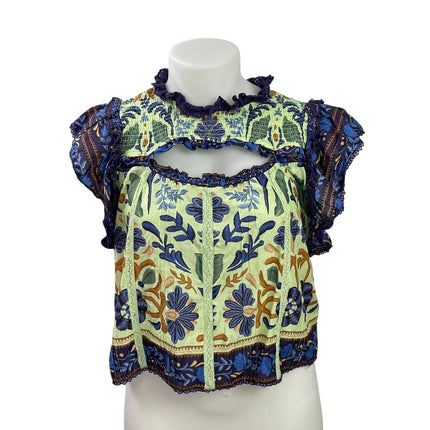 FARM Rio Ocean Tapestry Green Blue Sleeveless Floral Ruffles Blouse Top Sz XL