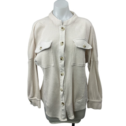 Women's White Waffle Knit Thermal Pocket Long Sleeve Button Down Shirt Top Sz M