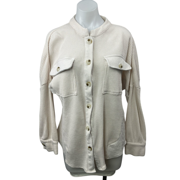 Women's White Waffle Knit Thermal Pocket Long Sleeve Button Down Shirt Top Sz M