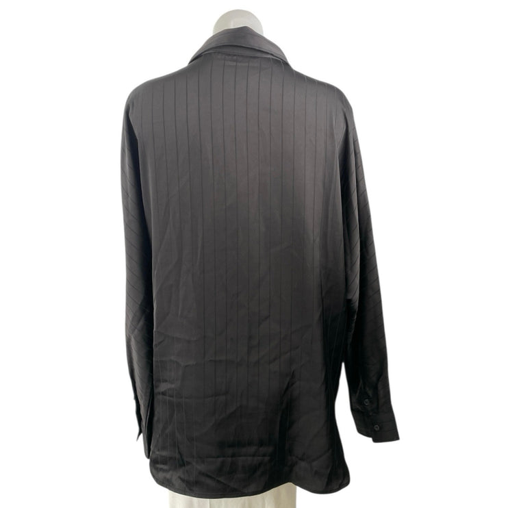 Commense Women's Black Satin Striped Long Sleeve Button Down Shirt Top Size M