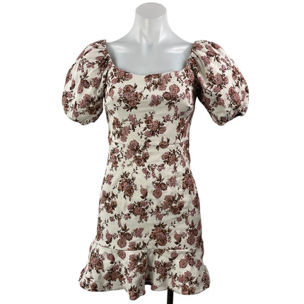 Aqua White Pink Floral Jacquard Short Puff Sleeve Ruffle Sheath Mini Dress Sz S