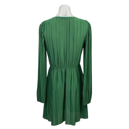 Zara Green Silk Satin Pleated Plisse Long Sleeve V Neck Fit & Flare Mini Dress M