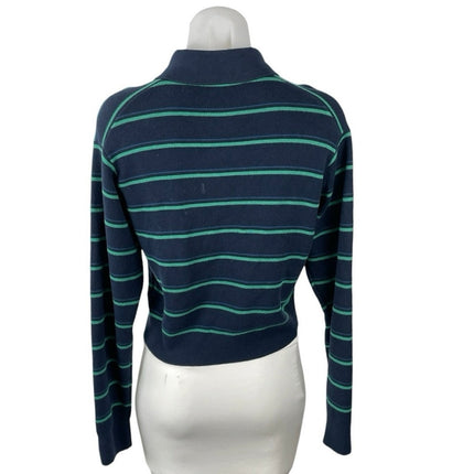 Uniqlo Women's Blue Green Stripe Long Sleeve Crop Polo Sweatshirt Sweater Top XS
