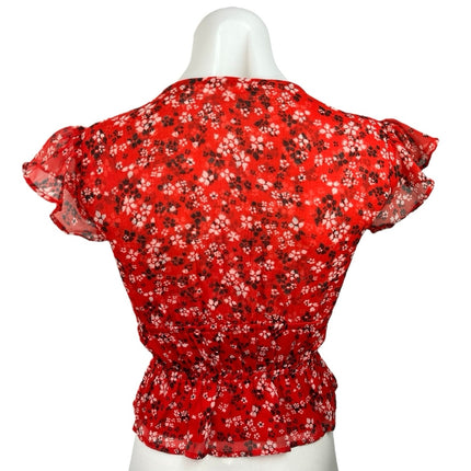 Abound Red Floral V-neck Peplum Flutter Sleeve Tie Front Crop Top Blouse Sz XXS