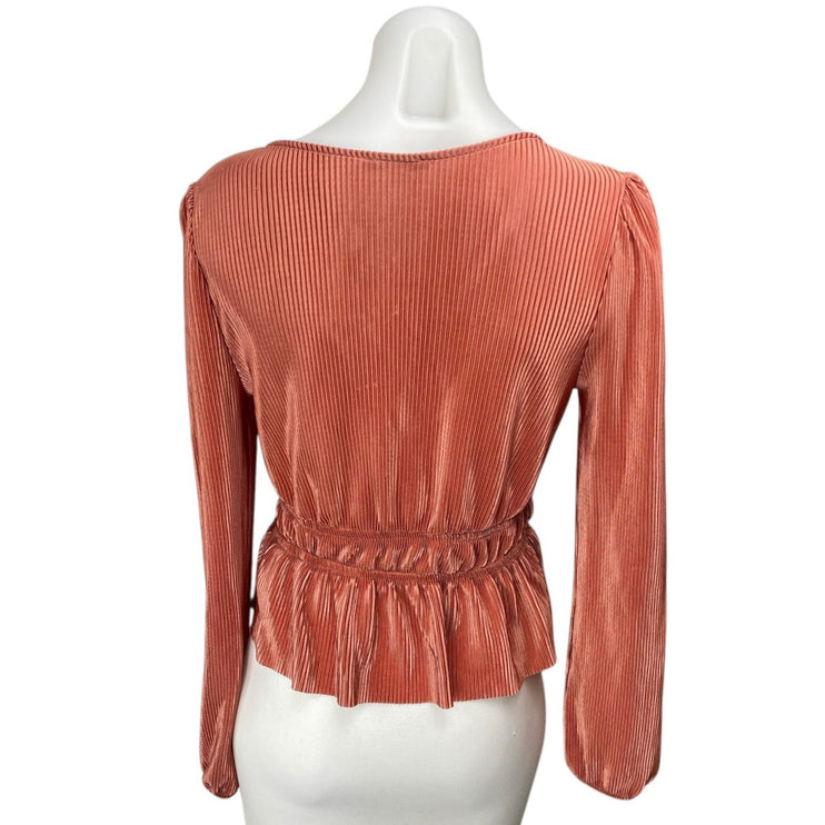 Blashe Orange Long Sleeve Plunge V-Neck Cinched Waist Tie Peplum Blouse Top Sz S