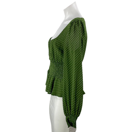 Reformation Hearth Women's Green Polka Dots Long Sleeve Peplum Blouse Top Size 8