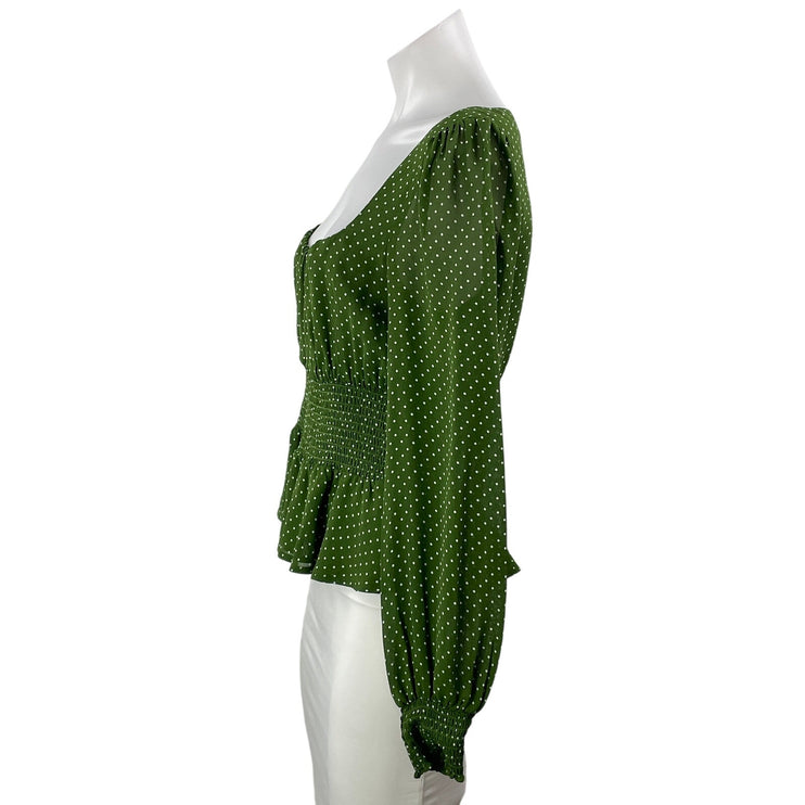 Reformation Hearth Women's Green Polka Dots Long Sleeve Peplum Blouse Top Size 8