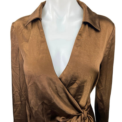 Garota Brown Silk Satin Long Sleeve Collar V-neck Mini Wrap Shirt Dress Size S