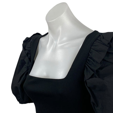 Zara Women's Black Puff Sleeve Square Neck Ribbed Knit Cropped Blouse Top Sz S