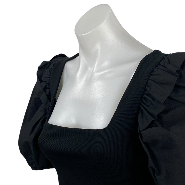 Zara Women's Black Puff Sleeve Square Neck Ribbed Knit Cropped Blouse Top Sz S
