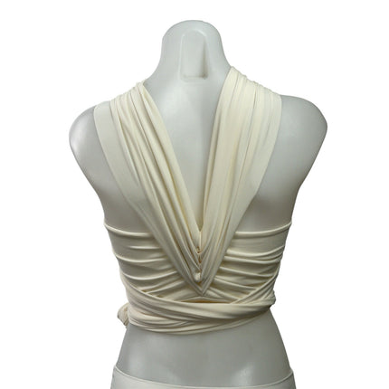 Eros Beige Strappy Cross Over Halter Neck Sleeveless Cropped Wrap Blouse Top XS