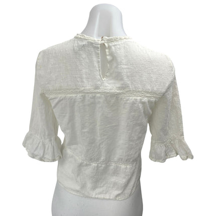 Zara Women's White Lace Embroidered High Neck 3/4 Flarted Sleeve Blouse Top XS
