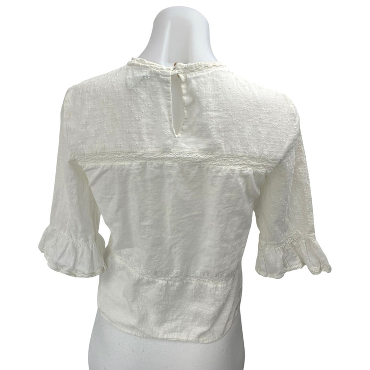 Zara Women's White Lace Embroidered High Neck 3/4 Flarted Sleeve Blouse Top XS