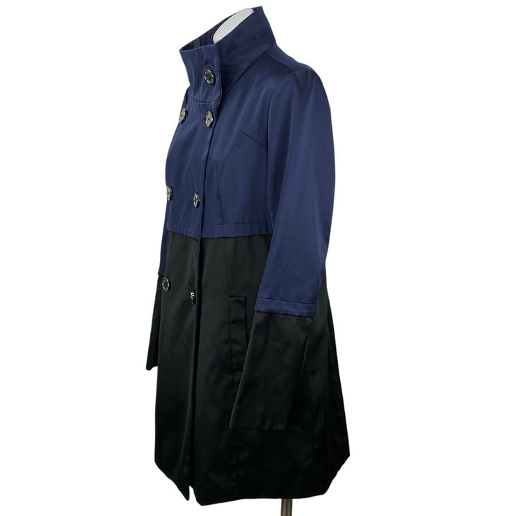 TAHARI Anya Blue Black Colorblock Satin Double Breasted Trench Coat Jacket Sz S