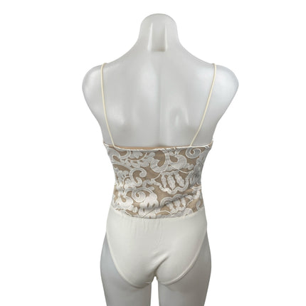 Hello Molly White Beige Floral Lace Sleeveless V Neck Cami Tank Bodysuit Top XS