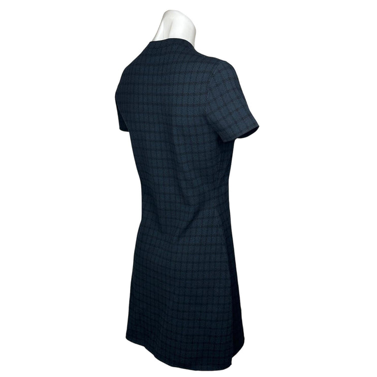 Theory Women’s Navy Blue Crew Neck Check Long Sleeve A Line Mini Dress Size S