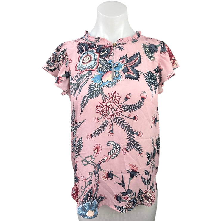 Ann Taylor LOFT Pink Floral Tropical Ruffle Flutter Sleeve Blouse Top Size XS