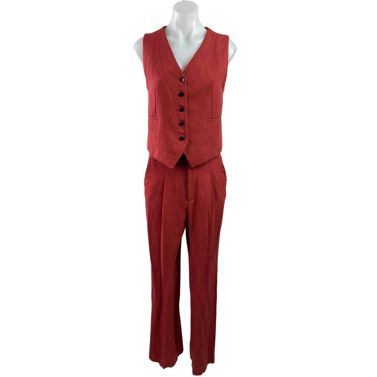 Zara Women's Red Linen Sleeveless Button Up Vest Trousers Pants 2 Piece Set XS
