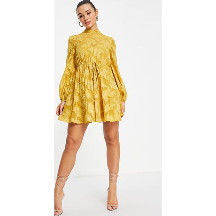 NEW Asos Mustard Yellow High Neck Long Puff Sleeve Fit & Flare Mini Dress Size 6