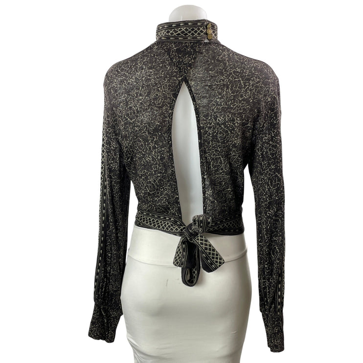 Women's Black 100% Linen Floral Long Sleeve V Neck Tie Back Blouse Top Size M