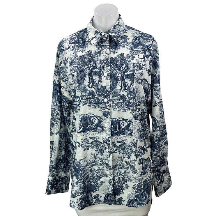 Commense Women's Blue White Long Sleeves Animal Print Button Down Shirt Top Sz S