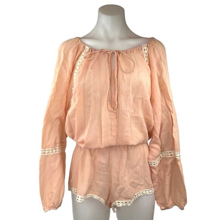 Eberjey Summer Of Love Orange Tie Neck Long Sleeve Lace Trim Jumpsuit Romper M