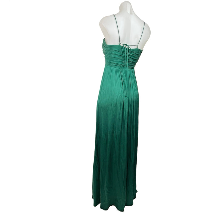 MNG Green Plunging V Empire Waist Sleeveless Pleated Maxi Evening Dress Size 2