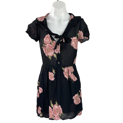 Reformation Fraser Black Floral Short Sleeves Tie Neck Button Up Mini Dress Sz 2