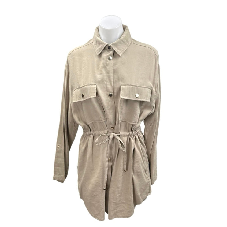 Zara Beige Khaki Long Sleeve Tie Waist Pocket Utility Mini Shirt Dress Size M