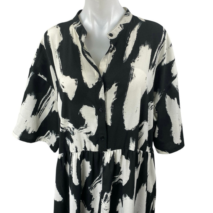 MONKL Black White Short Sleeve Abstract Button Front Maxi Shirt Dress Size XL